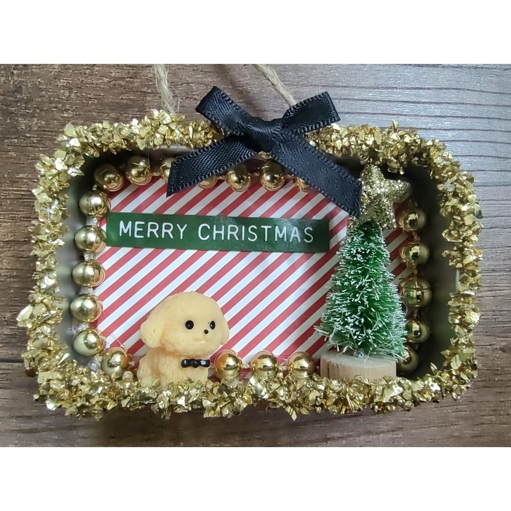 Dog Christmas Ornament Handmade Vtg Style OOAK Miniature Poodle Diorama O9
